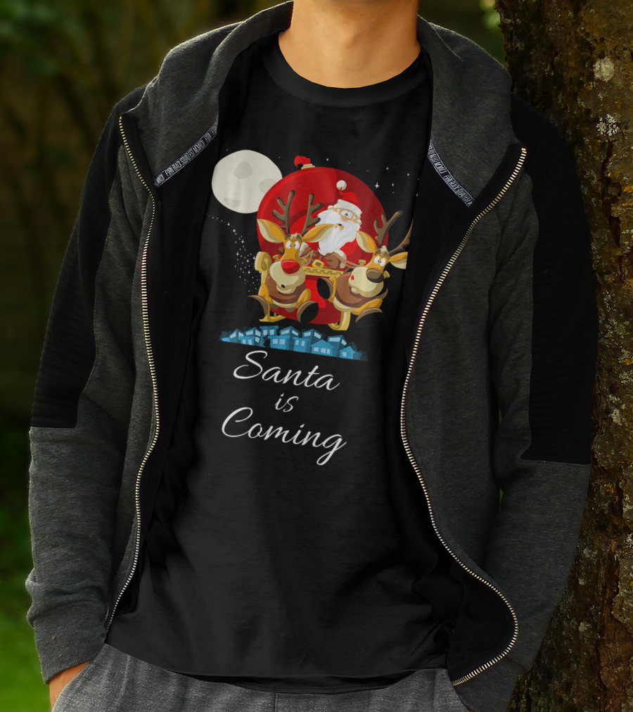 Santa Is Coming With Reindeer Sleigh Under The Moonlight T-Shirt