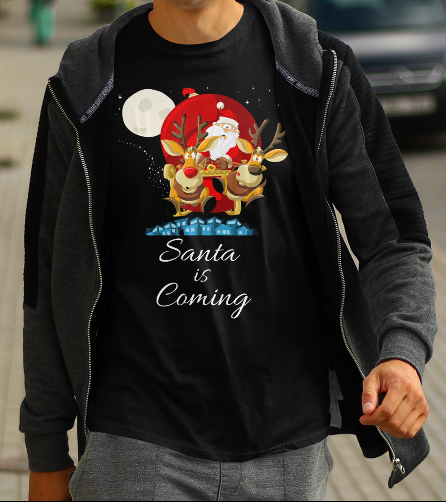 Santa Is Coming With Reindeer Sleigh Under The Moonlight T-Shirt