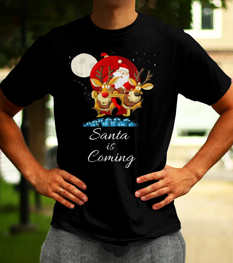 Santa Is Coming With Reindeer Sleigh Under The Moonlight T-Shirt