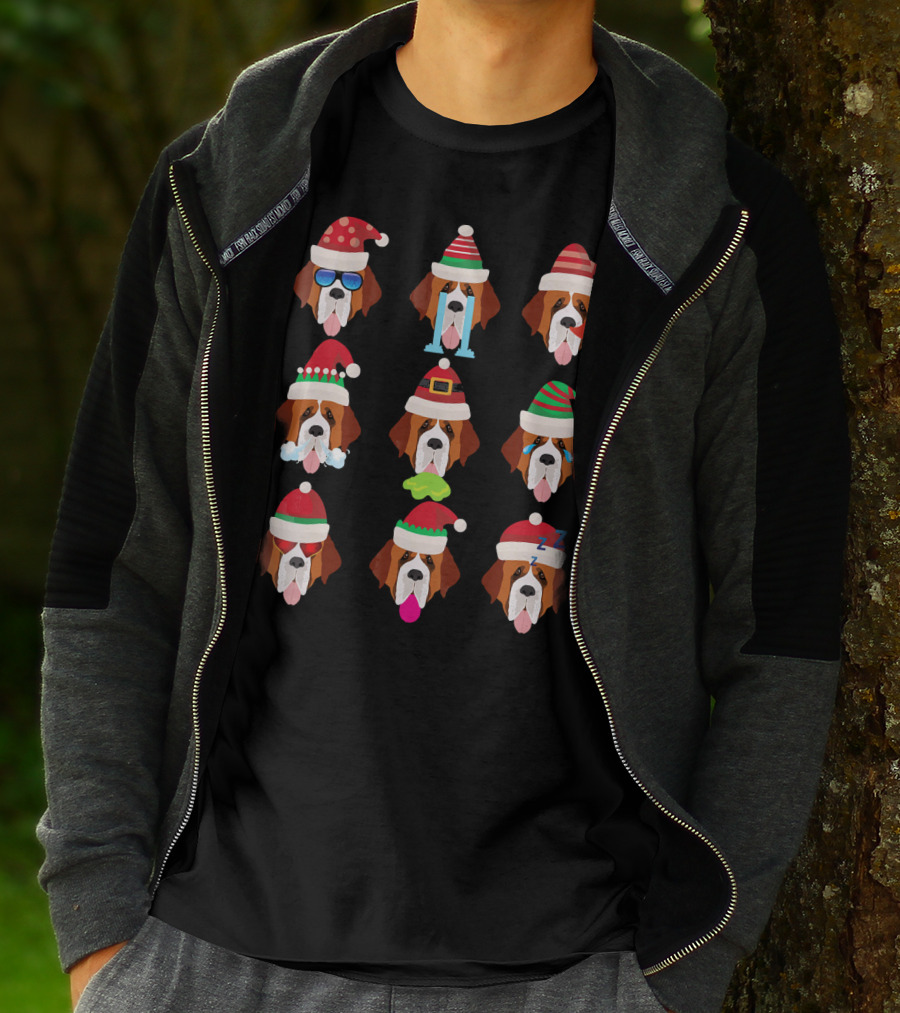 SAINT BERNARD Dog Faces Santa Hat Christmas Expressions T-Shirt