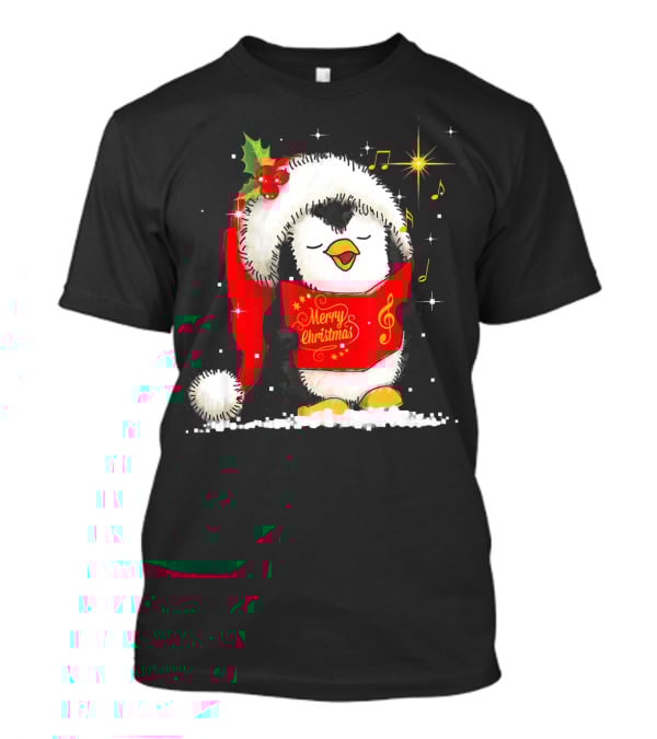 Tee89s Penguin Merry Christmas Song With Santa Hat And Music Notes T-Shirt