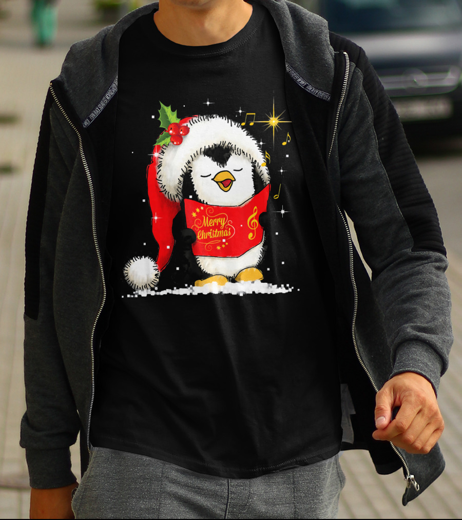 Tee89s Penguin Merry Christmas Song With Santa Hat And Music Notes T-Shirt