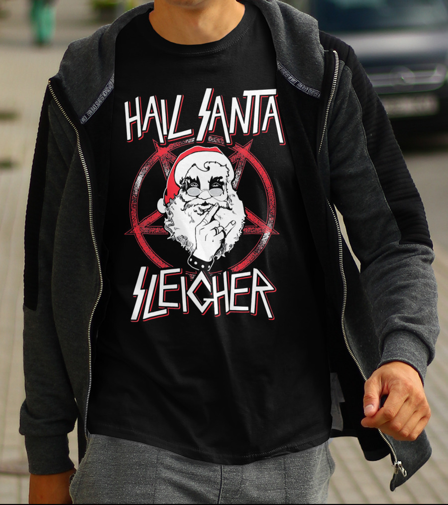 Hail Santa Sleigher Funny Christmas Santa Rock Metal Holiday T-Shirt