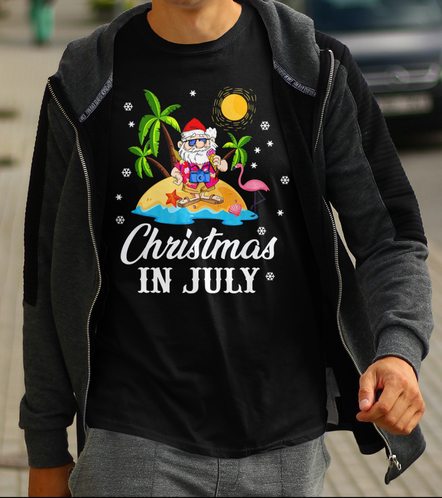 Christmas In July Flamingo Santa On Tropical Island With Palm Trees And Sun T-Shirt