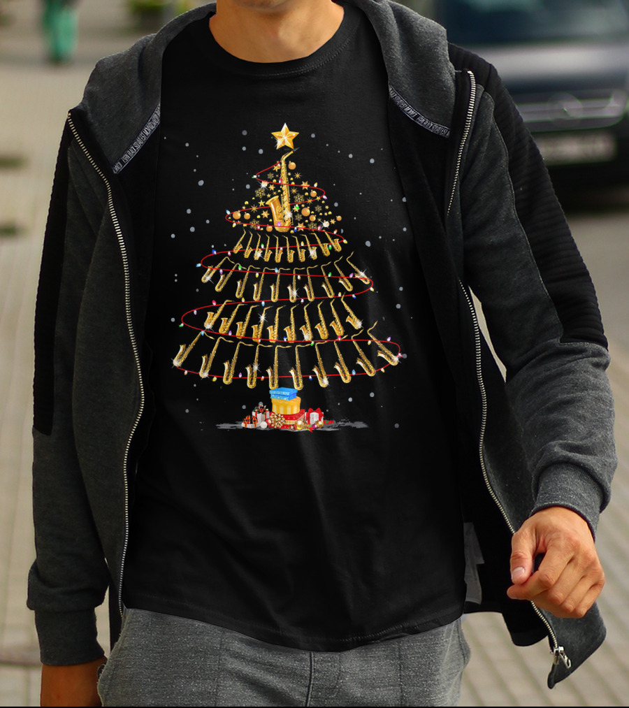 Merry Christmas Saxophone Tree Hat In Snow Scene T-Shirt