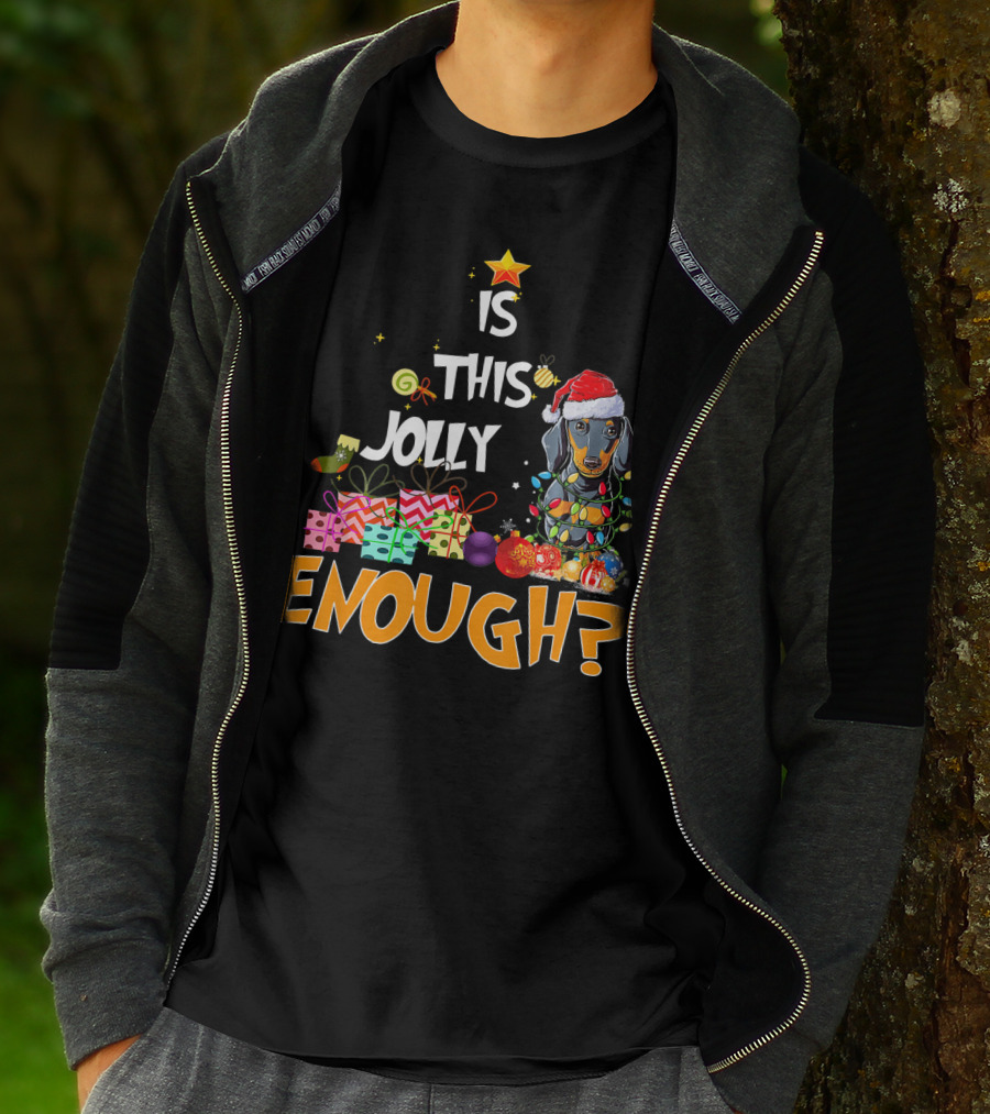 Is This Jolly Enough Dachshund Christmas Lights Santa Hat Gifts T-Shirt