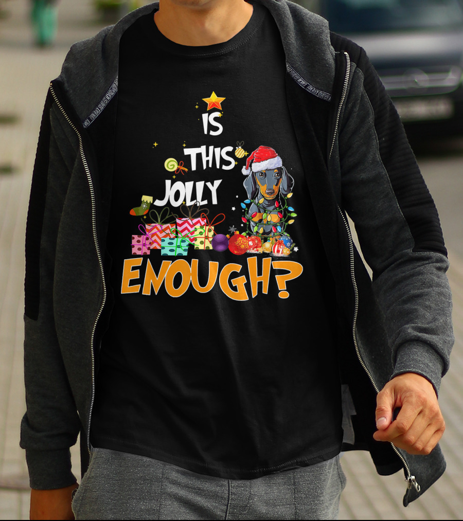 Is This Jolly Enough Dachshund Christmas Lights Santa Hat Gifts T-Shirt