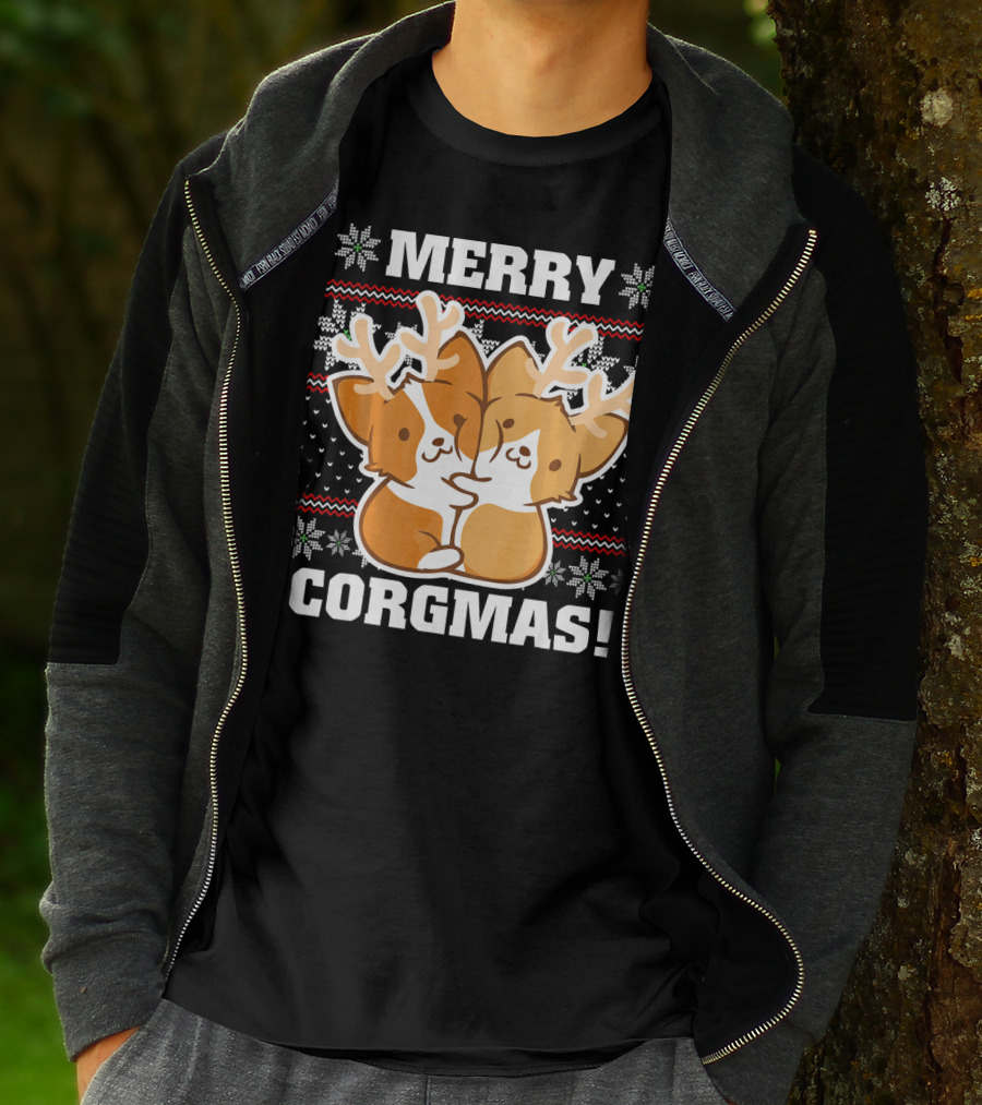 Merry Corgmas Ugly Christmas Sweater With Cute Corgis And Reindeer Antlers T-Shirt