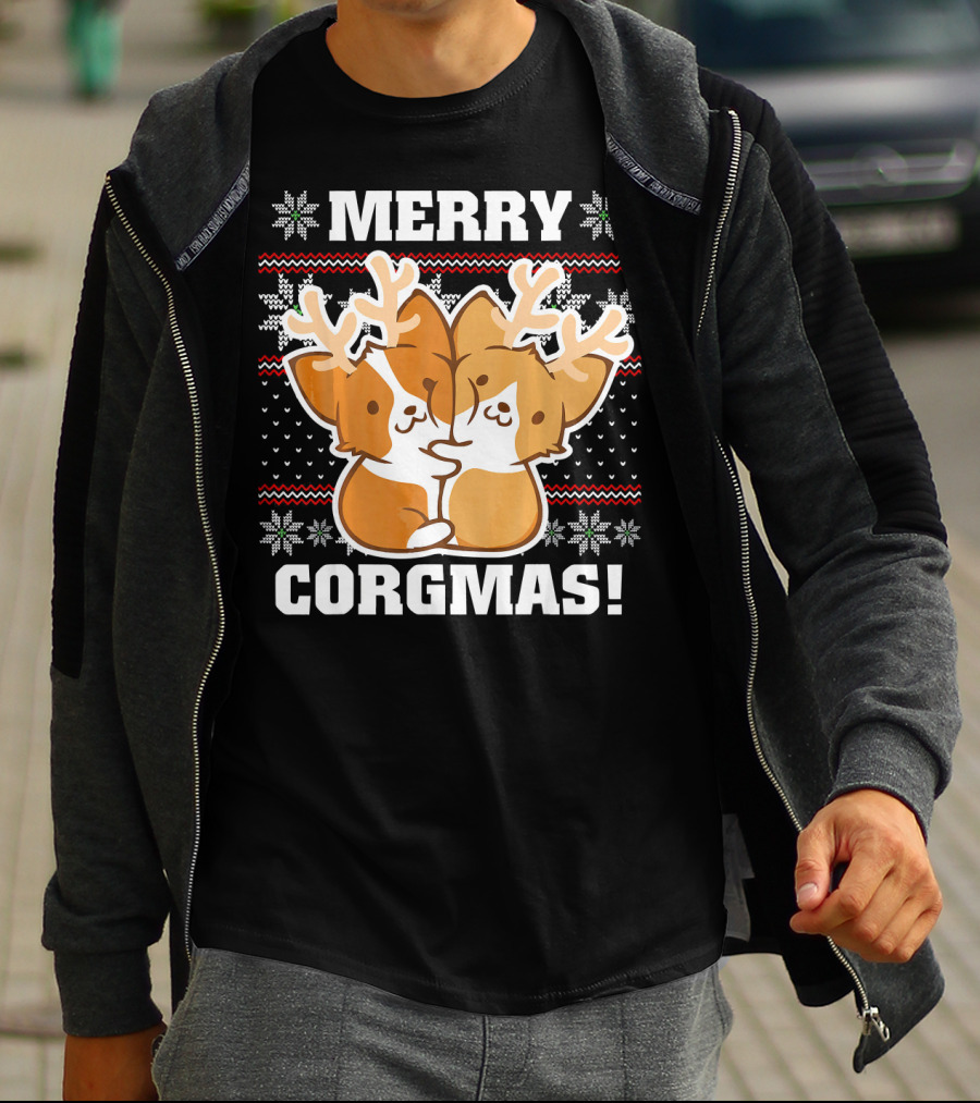 Merry Corgmas Ugly Christmas Sweater With Cute Corgis And Reindeer Antlers T-Shirt
