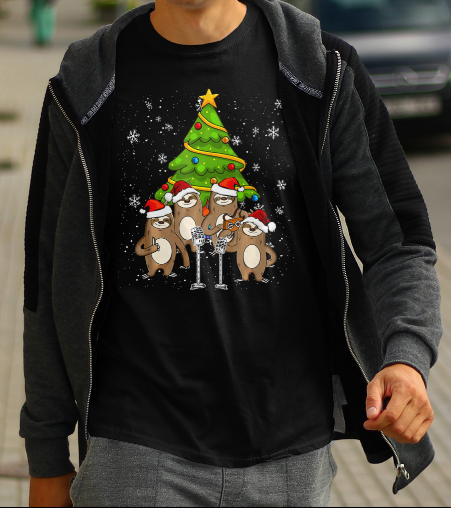 Santa Sloths Singing Festive Cheer Around Christmas Tree T-Shirt