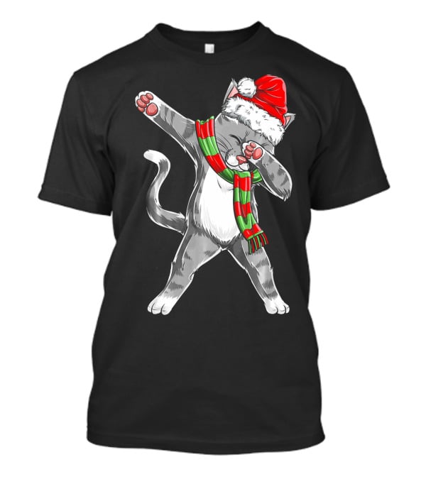 Dabbing Cat Santa Christmas Kids Bo Kitty Santa Hat Green Red Scarf T-Shirt