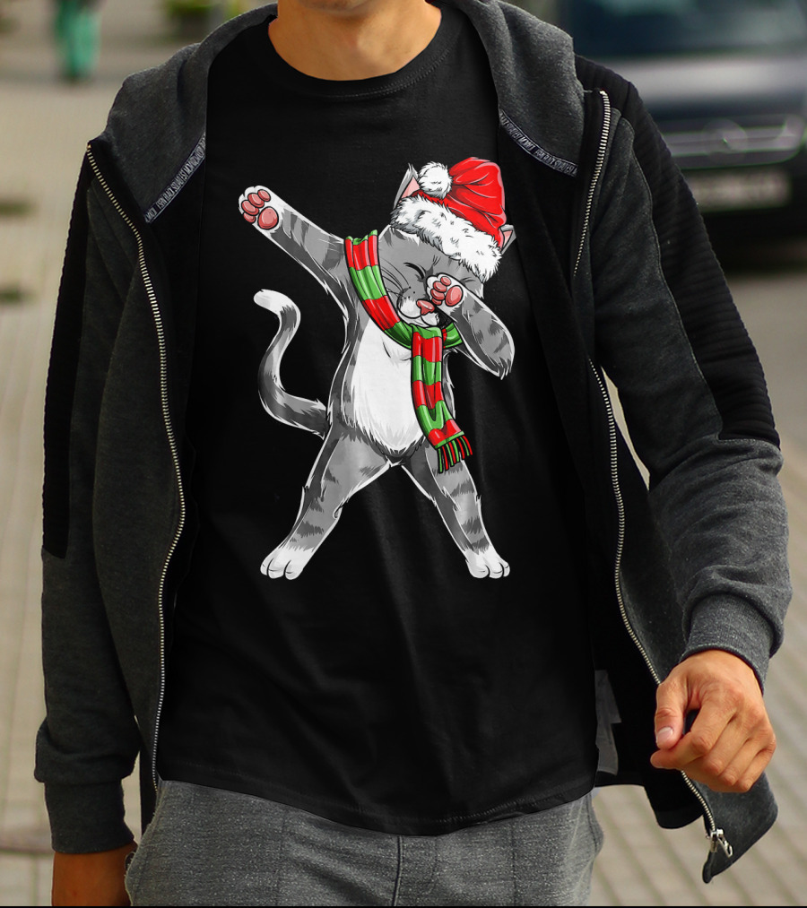 Dabbing Cat Santa Christmas Kids Bo Kitty Santa Hat Green Red Scarf T-Shirt
