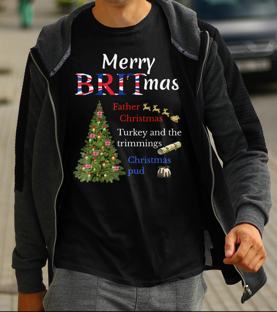 Merry Britmas Father Christmas Turkey And Trimmings Christmas Pud T-Shirt