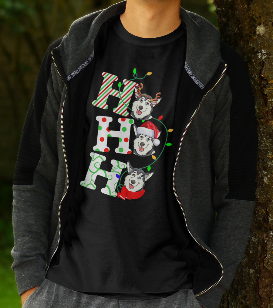 Ho Ho Ho Husky Santa Hat Reindeer Antlers Christmas Lights T-Shirt