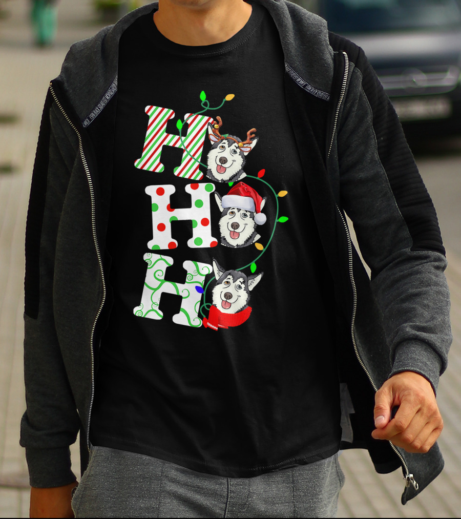 Ho Ho Ho Husky Santa Hat Reindeer Antlers Christmas Lights T-Shirt