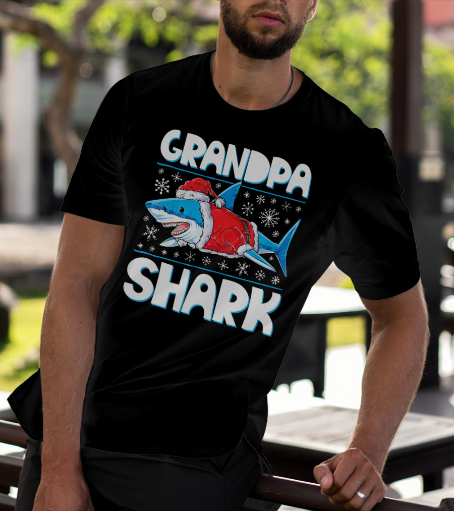 Grandpa Shark In Santa Hat With Snowflakes T-Shirt