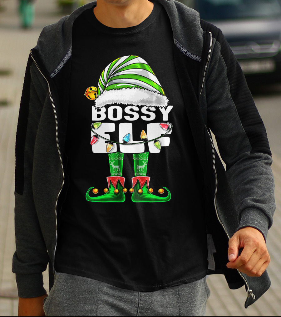Bossy Elf Christmas Family Matching With Hat And Lights T-Shirt
