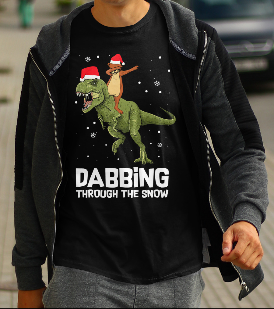 Dabbing Through The Snow Otter Rides Dinosaur Santa Hats T-Shirt
