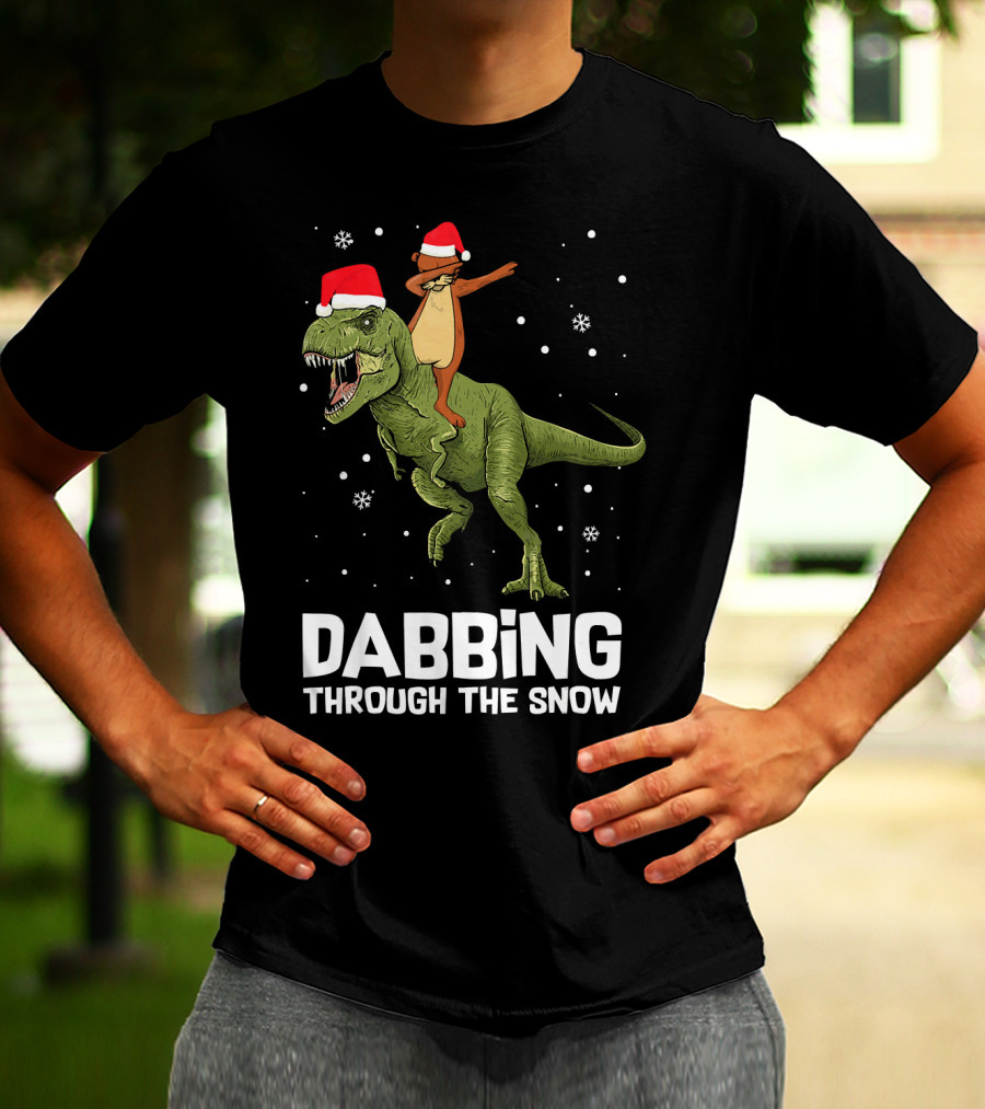 Dabbing Through The Snow Otter Rides Dinosaur Santa Hats T-Shirt