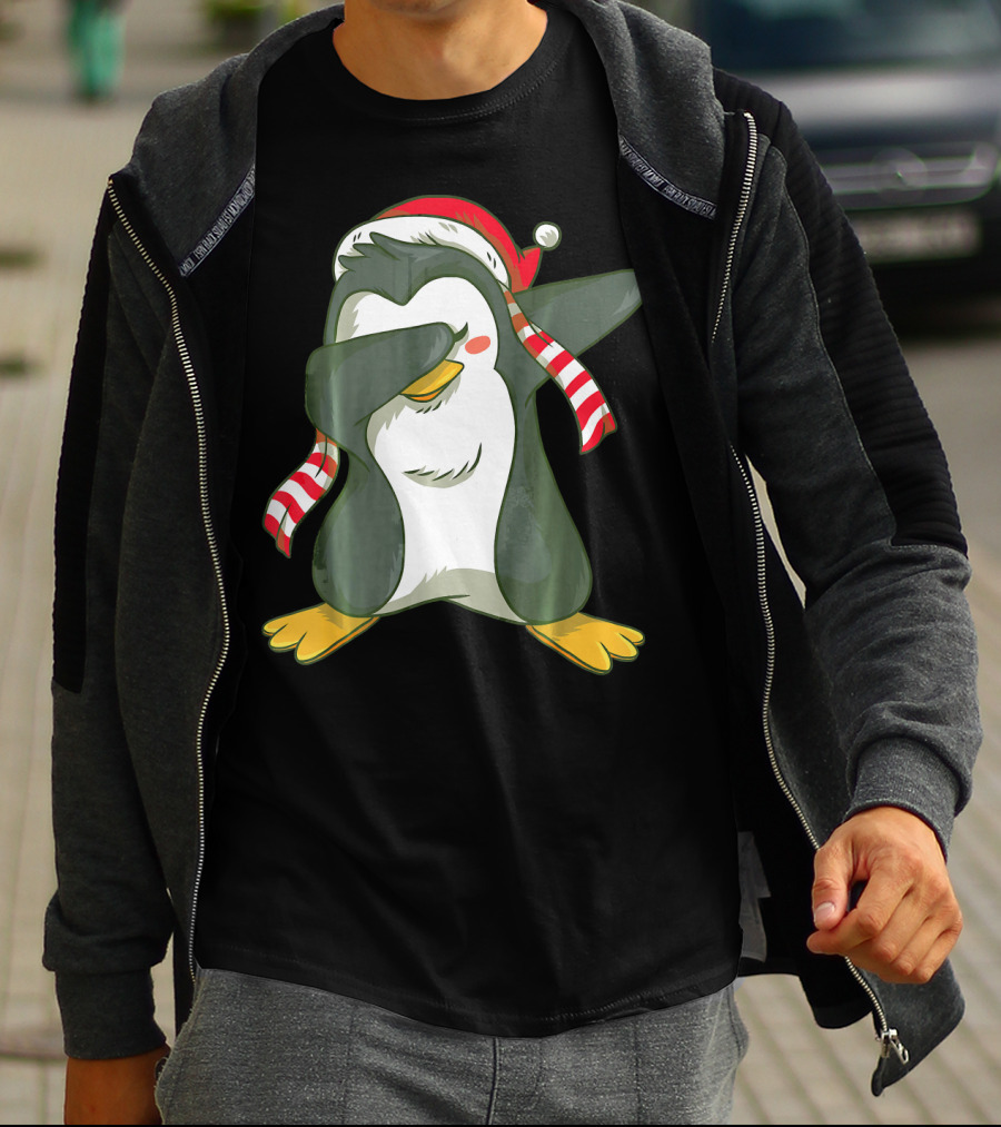 Dabbing Penguin In Santa Hat With Striped Scarf T-Shirt