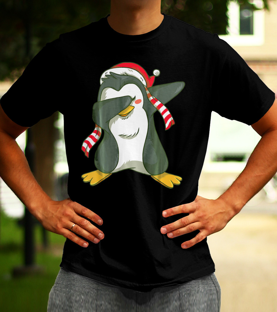 Dabbing Penguin In Santa Hat With Striped Scarf T-Shirt