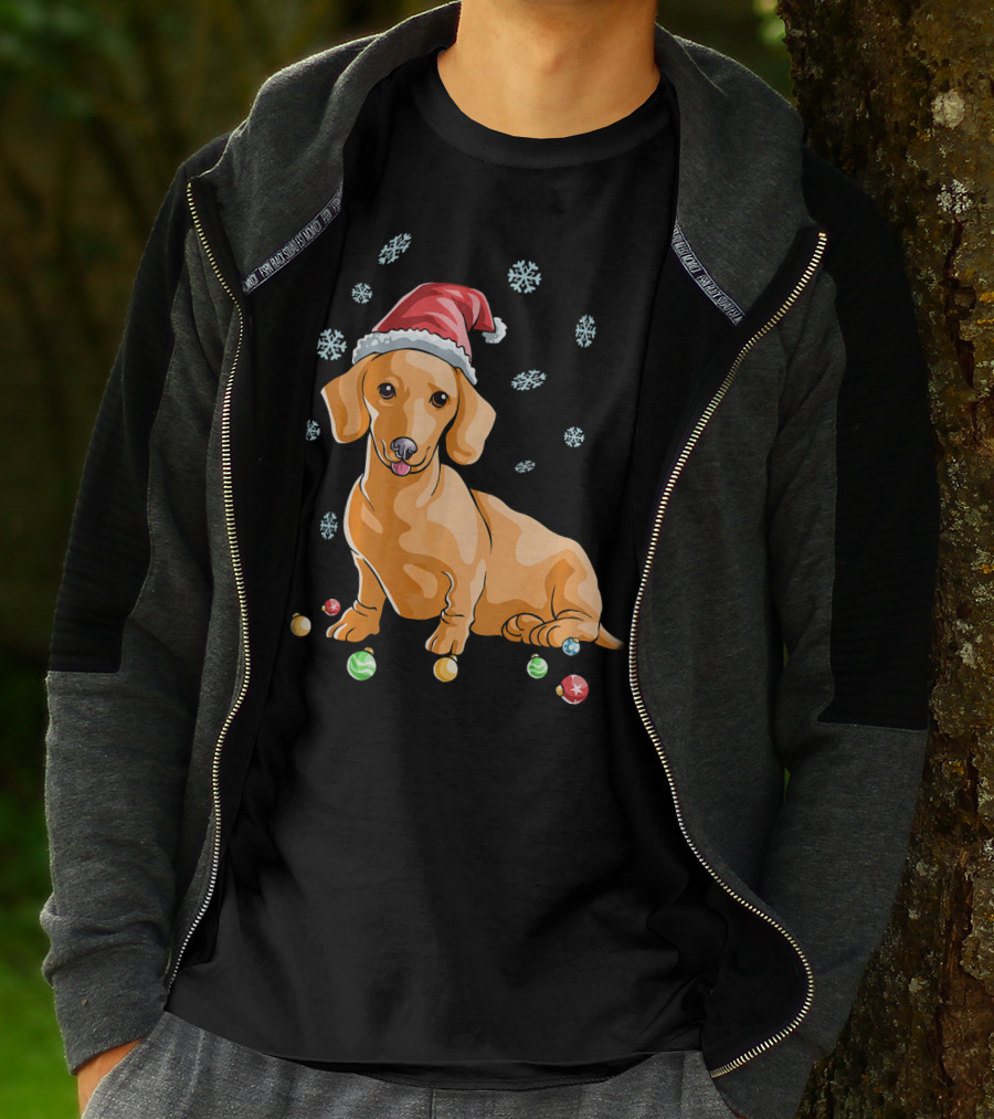 Wiener Dog Dachshund Puppy Santa Hat Snowflakes Holiday T-Shirt