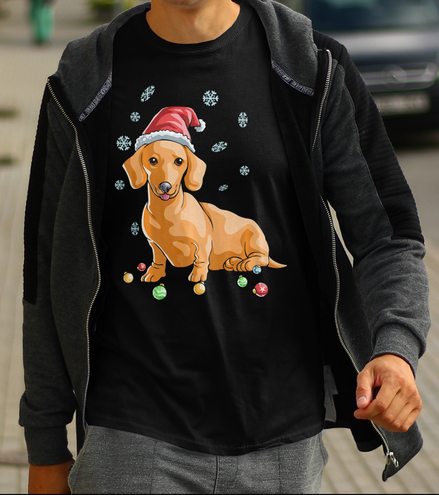 Wiener Dog Dachshund Puppy Santa Hat Snowflakes Holiday T-Shirt