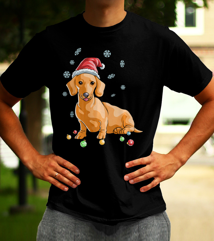 Wiener Dog Dachshund Puppy Santa Hat Snowflakes Holiday T-Shirt