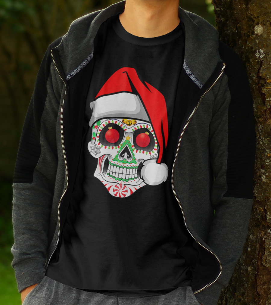 Jingle Jangle Christmas Sugar Skull Santa Hat Peppermint T-Shirt