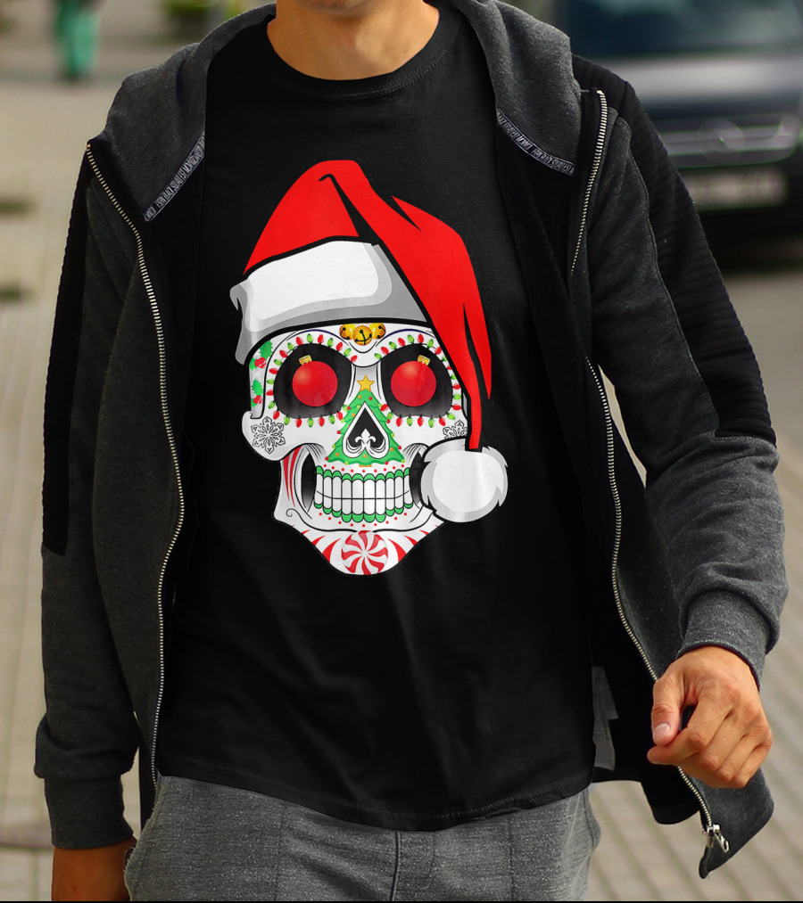 Jingle Jangle Christmas Sugar Skull Santa Hat Peppermint T-Shirt