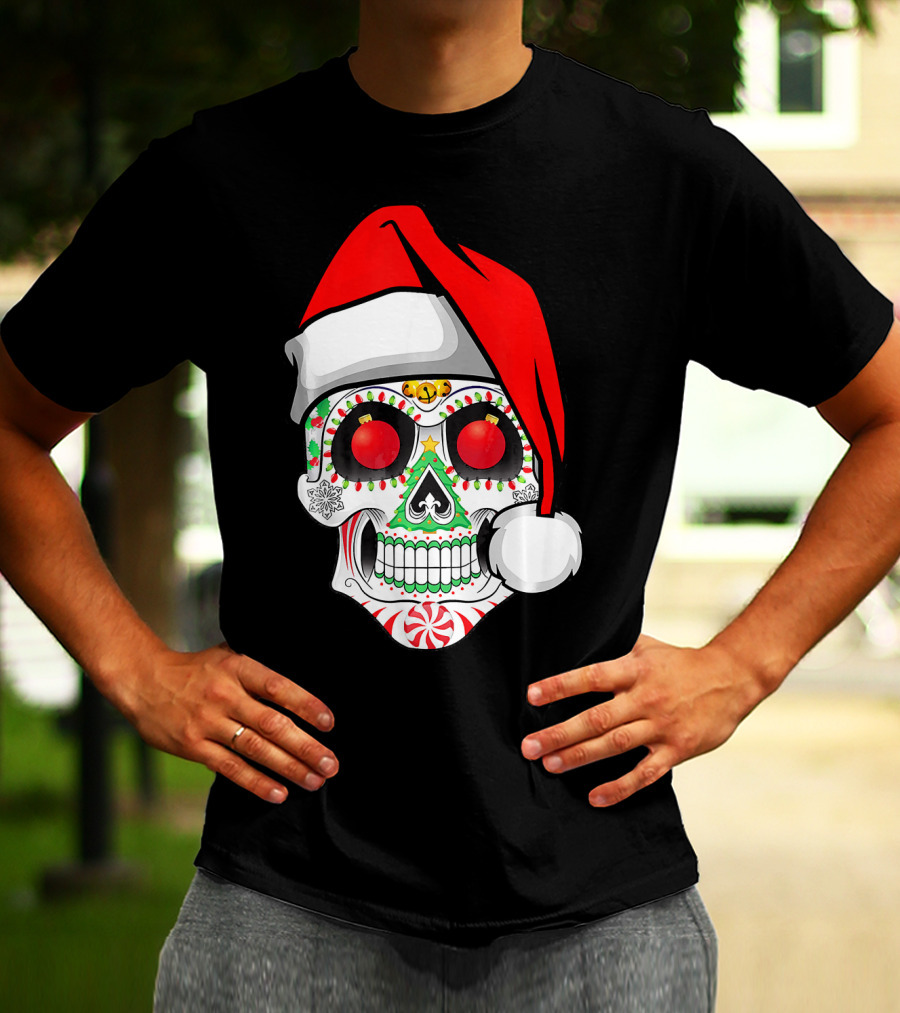 Jingle Jangle Christmas Sugar Skull Santa Hat Peppermint T-Shirt
