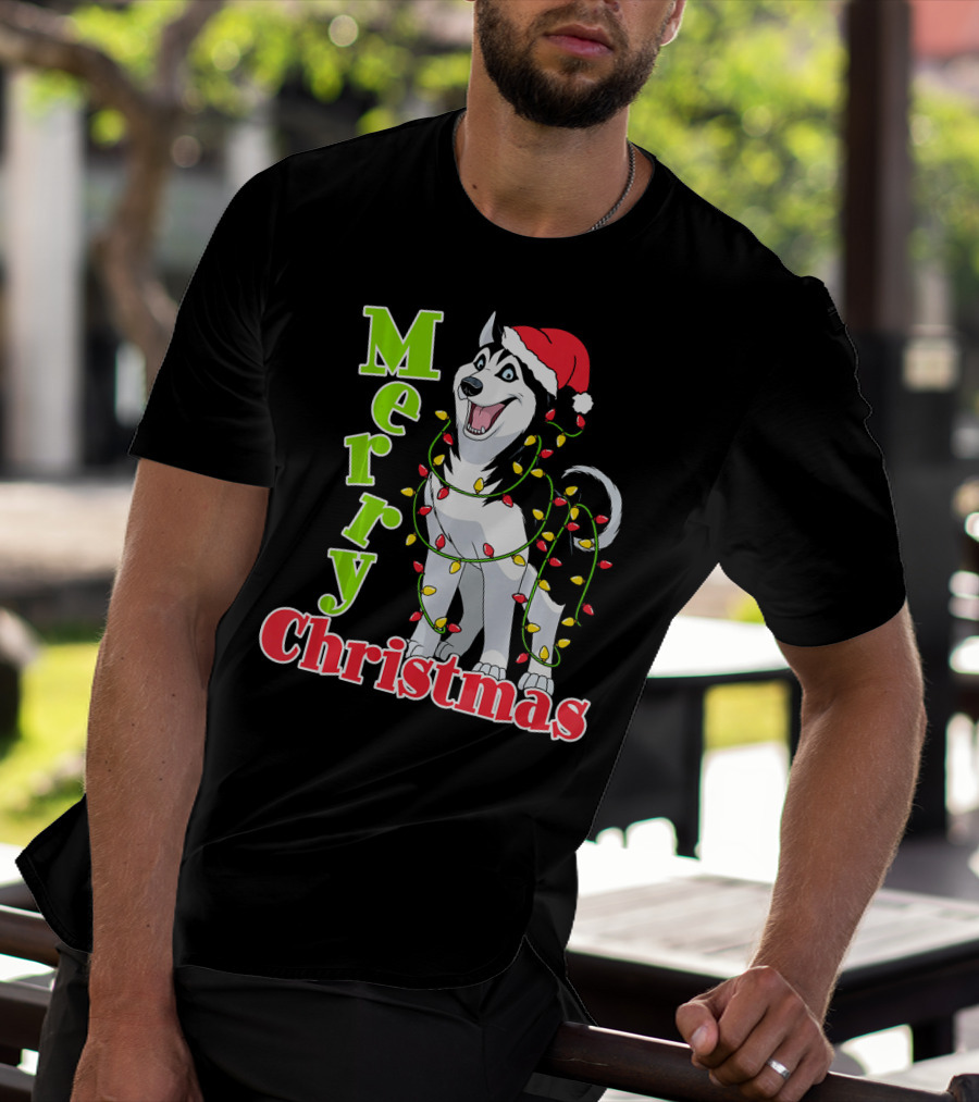 Merry Christmas Husky Festive Lights Holiday Santa Hat T-Shirt