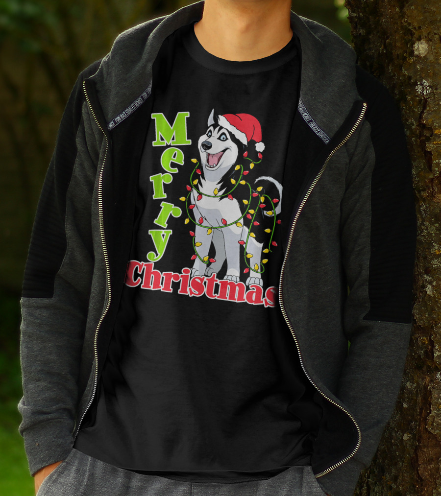 Merry Christmas Husky Festive Lights Holiday Santa Hat T-Shirt