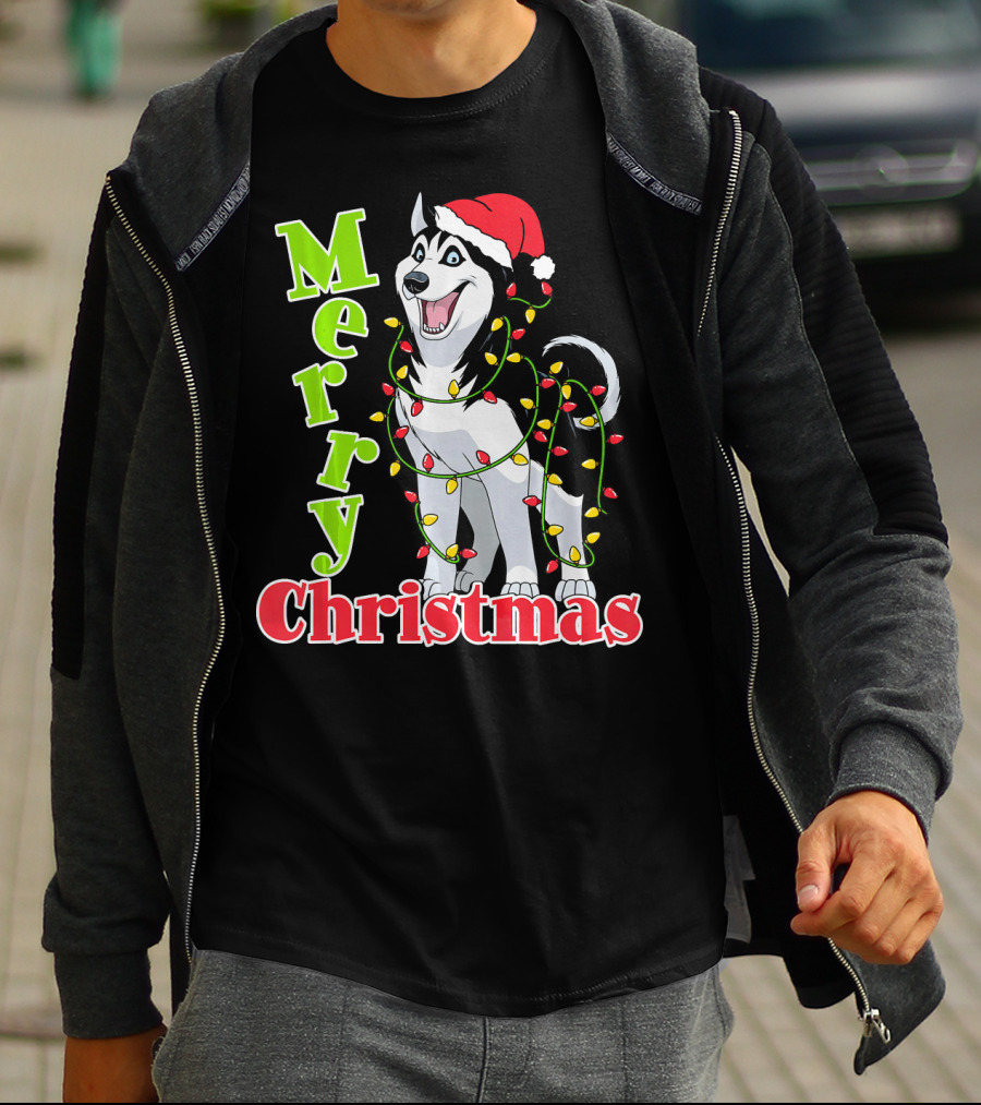Merry Christmas Husky Festive Lights Holiday Santa Hat T-Shirt