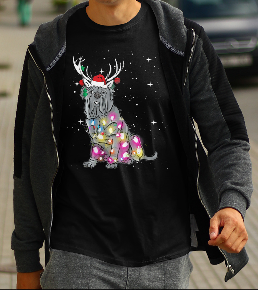 Neapolitan Mastiff With Christmas Lights And Santa Hat In Snowy Night T-Shirt