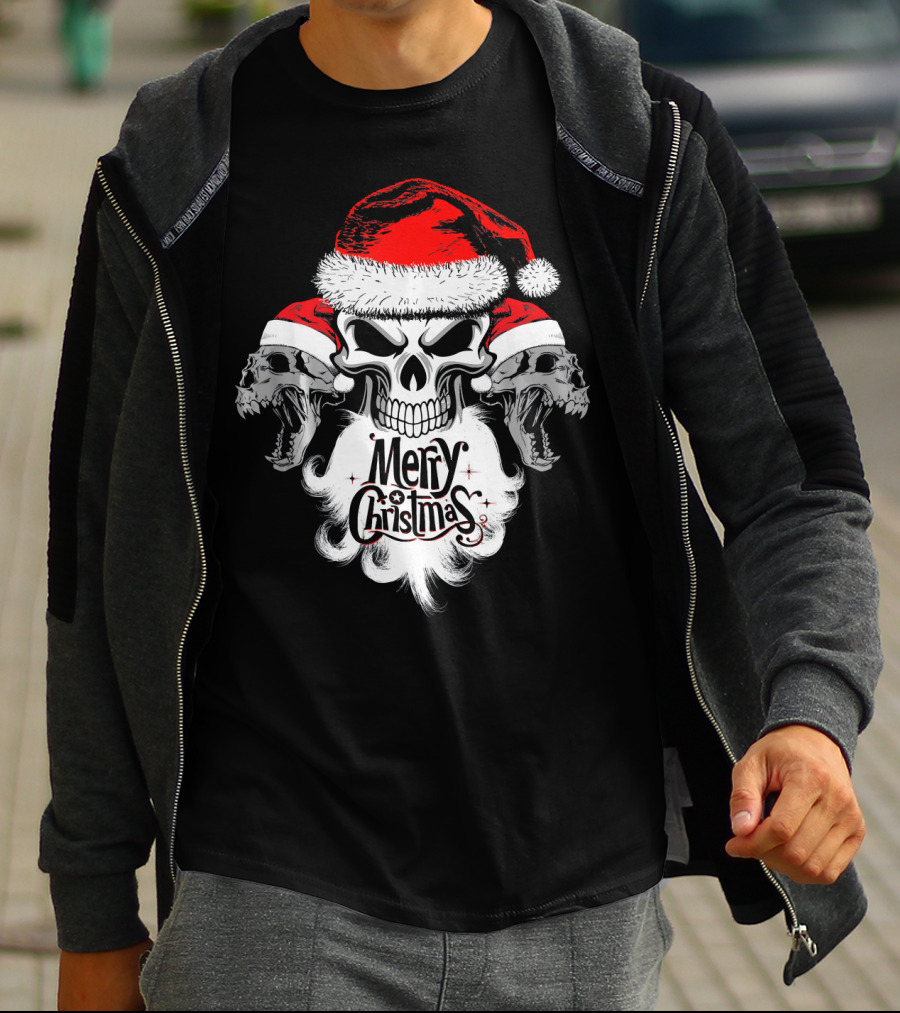 Merry Christmas Funny Skull Santa With Santa Hat And Beards T-Shirt