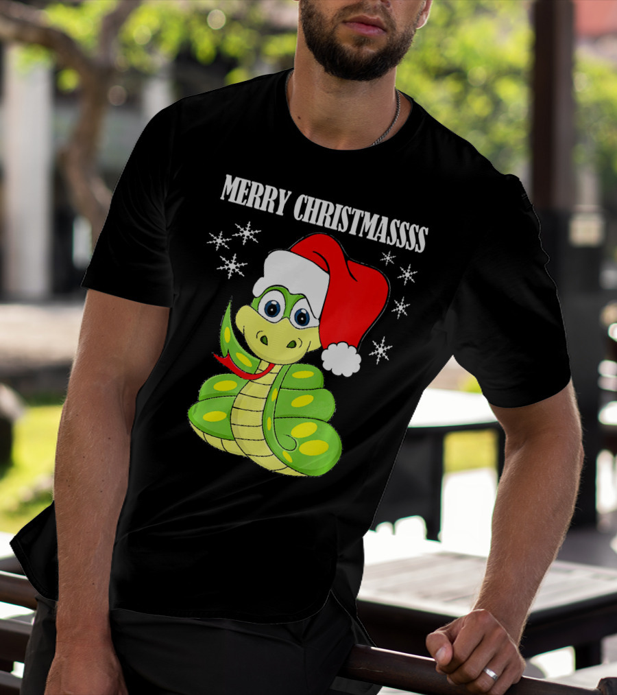Merry Christmassss Snake Cute Snak Santa Hat Snowflakes T-Shirt
