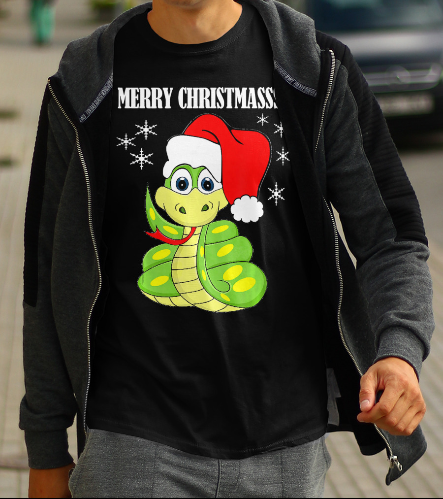 Merry Christmassss Snake Cute Snak Santa Hat Snowflakes T-Shirt