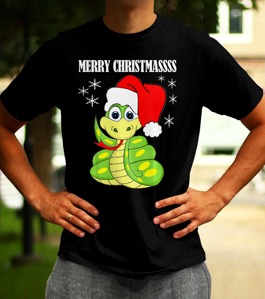 Merry Christmassss Snake Cute Snak Santa Hat Snowflakes T-Shirt