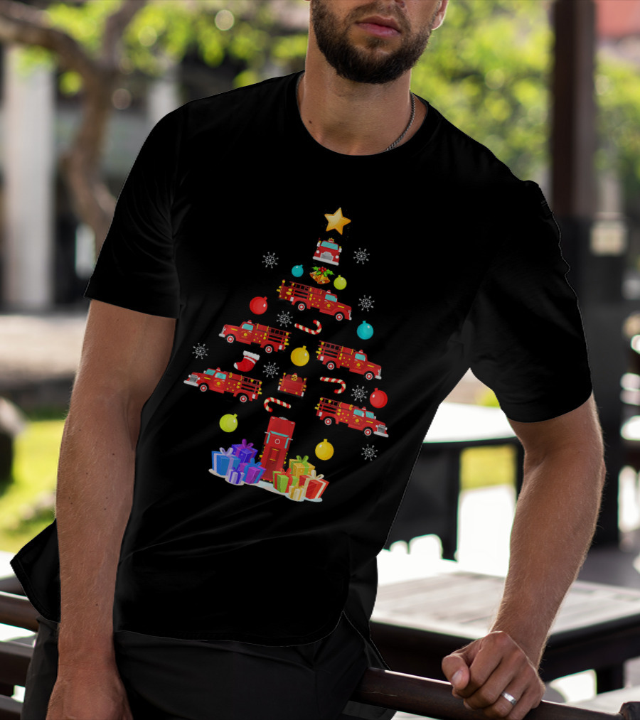 Funny Firefighter Christmas Tree Ornament Fire Truck Star Gifts T-Shirt