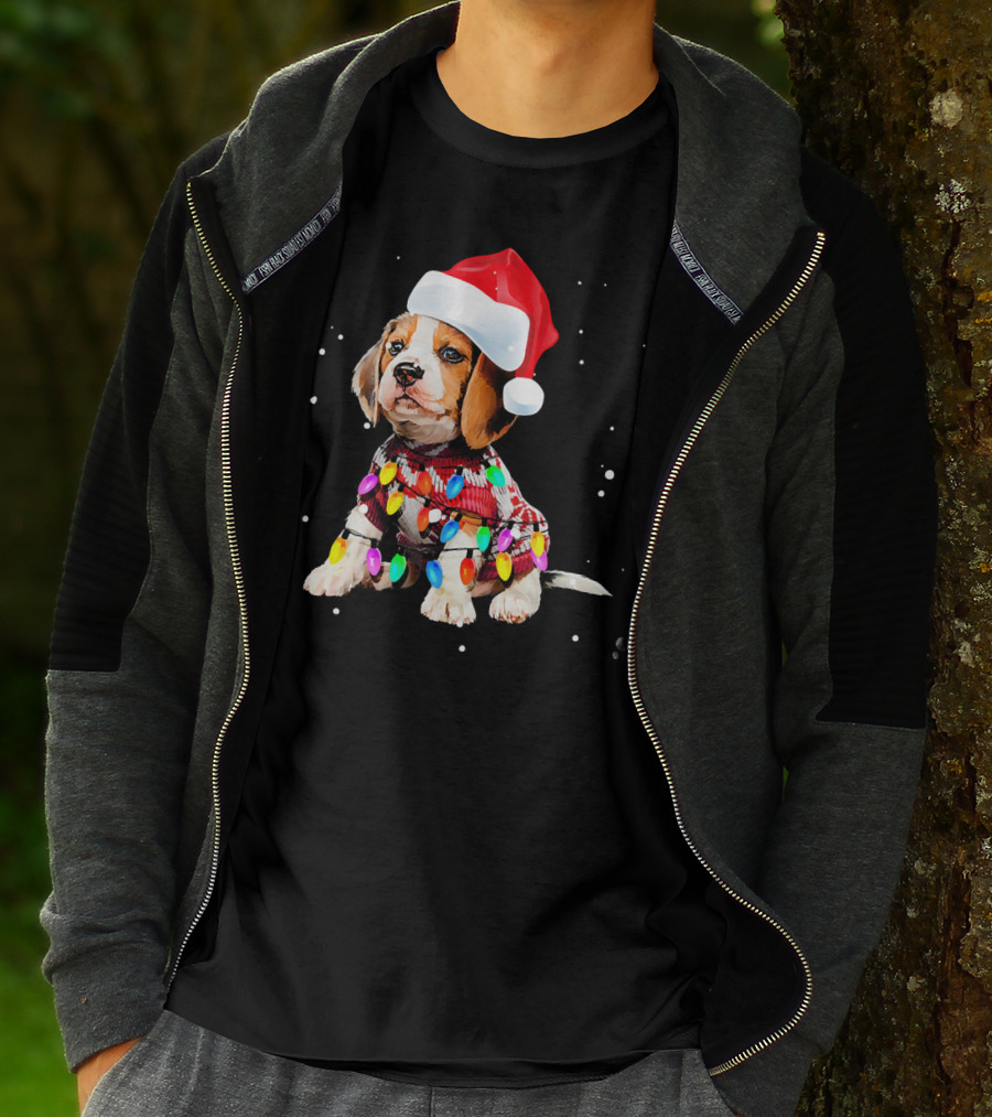 Santa Hat Beagle Wrapped In Christmas Lights T-Shirt