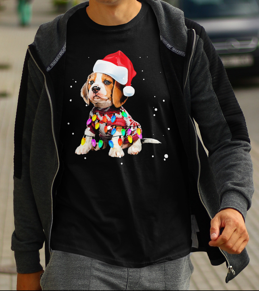 Santa Hat Beagle Wrapped In Christmas Lights T-Shirt
