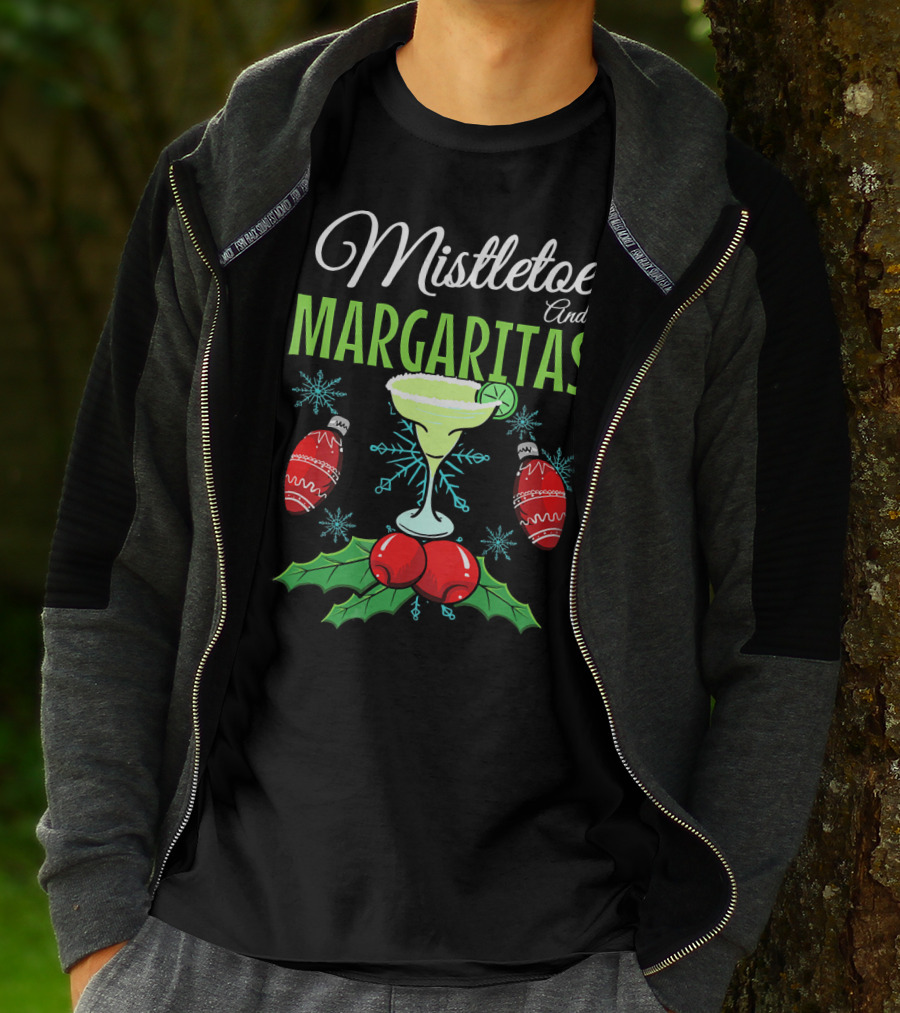 Mistletoe And Margaritas Festive Holiday Drink With Ornament And Holly Elements T-Shirt