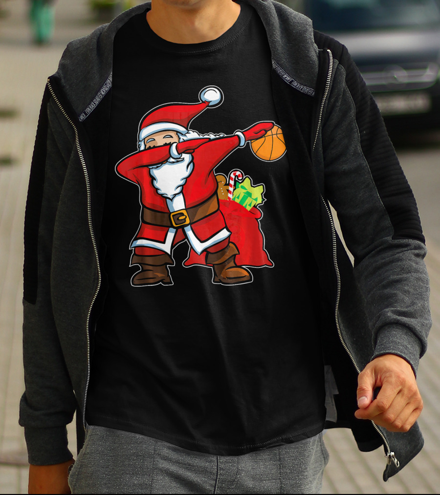Christmas Dabbing Santa Holding Basketball With Gifts T-Shirt
