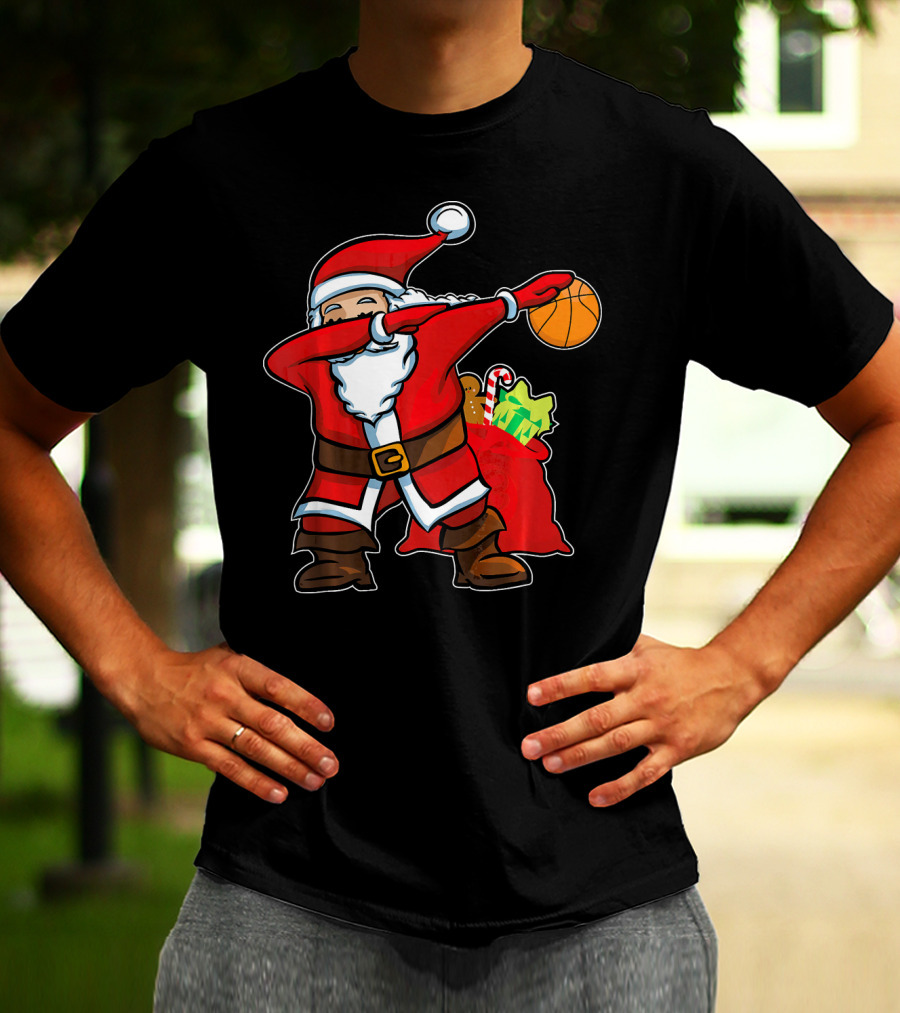Christmas Dabbing Santa Holding Basketball With Gifts T-Shirt