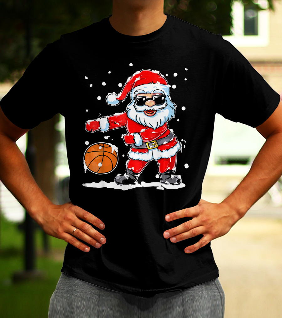 Santa Flossing With Basketball In Snowy Christmas Scene T-Shirt