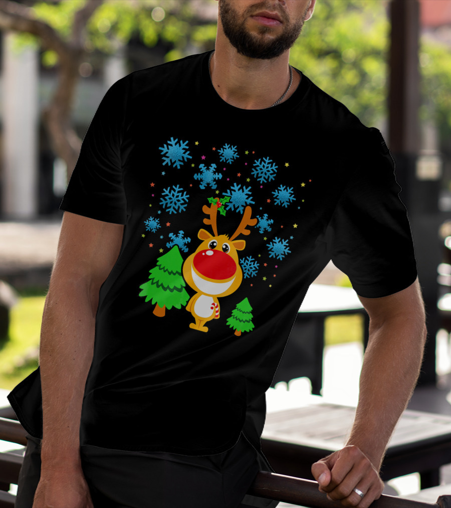 Christmas Reindeer With Snowflakes And Trees Family Matching T-Shirt