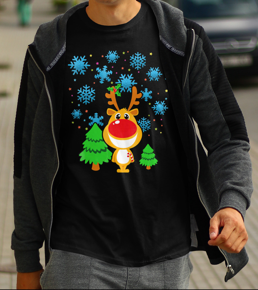 Christmas Reindeer With Snowflakes And Trees Family Matching T-Shirt