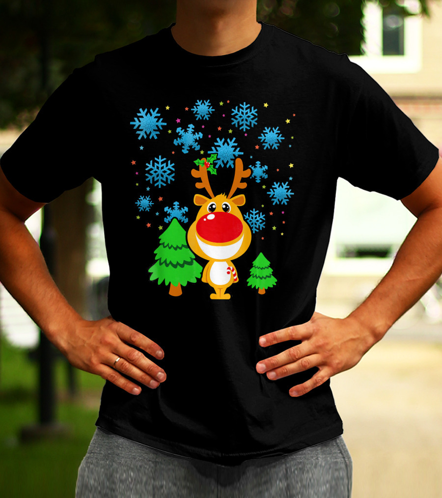 Christmas Reindeer With Snowflakes And Trees Family Matching T-Shirt