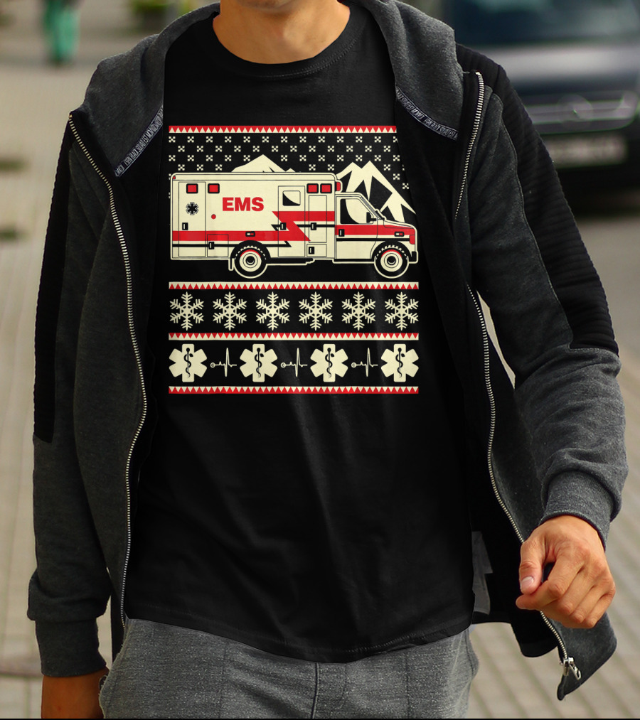 EMS Christmas Ambulance Ugly Sweater Snowflake T-Shirt